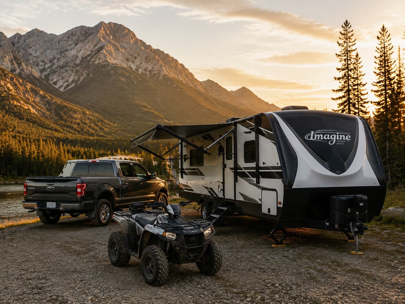 Travel trailer, truck, and ATV